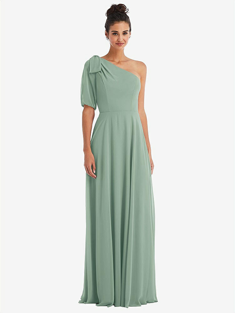 【STYLE: TH048】Bow One-Shoulder Flounce Sleeve Maxi Dress【COLOR: Seagrass】