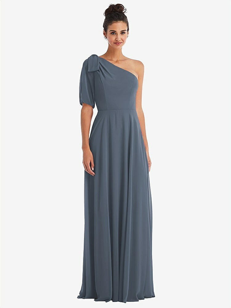 【STYLE: TH048】Bow One-Shoulder Flounce Sleeve Maxi Dress【COLOR: Silverstone】