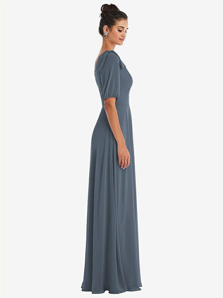 【STYLE: TH048】Bow One-Shoulder Flounce Sleeve Maxi Dress【COLOR: Silverstone】