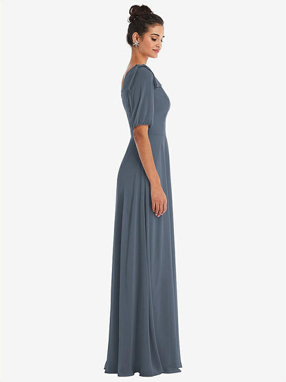 【STYLE: TH048】Bow One-Shoulder Flounce Sleeve Maxi Dress【COLOR: Silverstone】