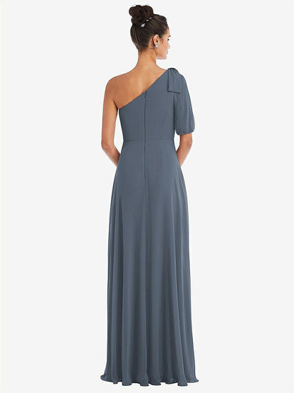 【STYLE: TH048】Bow One-Shoulder Flounce Sleeve Maxi Dress【COLOR: Silverstone】