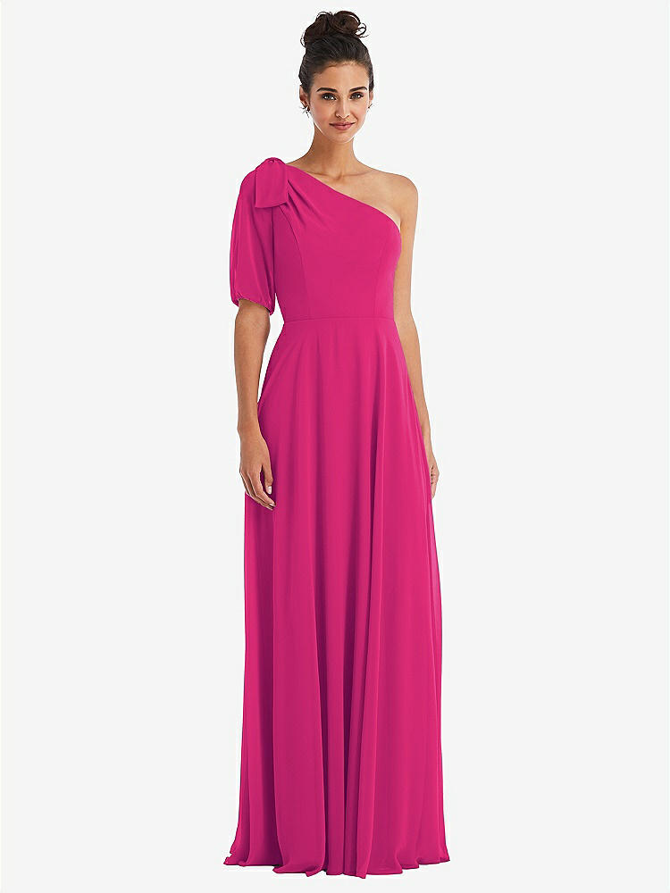 【STYLE: TH048】Bow One-Shoulder Flounce Sleeve Maxi Dress【COLOR: Think Pink】