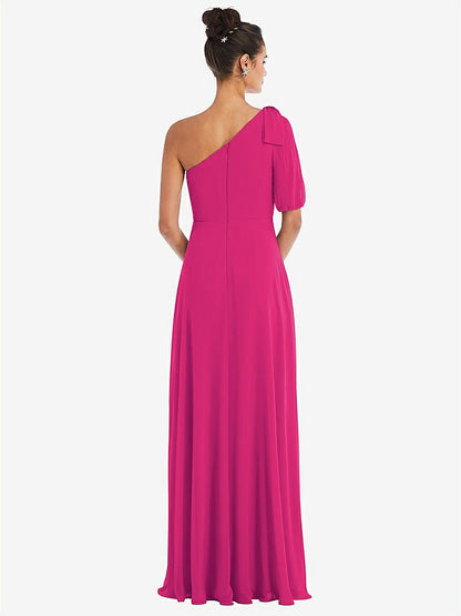 【STYLE: TH048】Bow One-Shoulder Flounce Sleeve Maxi Dress【COLOR: Think Pink】