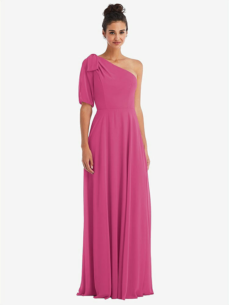 【STYLE: TH048】Bow One-Shoulder Flounce Sleeve Maxi Dress【COLOR: Tea Rose】