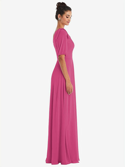 【STYLE: TH048】Bow One-Shoulder Flounce Sleeve Maxi Dress【COLOR: Tea Rose】