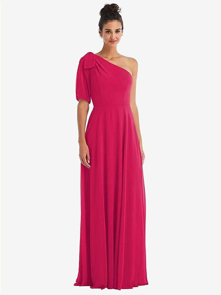 【STYLE: TH048】Bow One-Shoulder Flounce Sleeve Maxi Dress【COLOR: Vivid Pink】