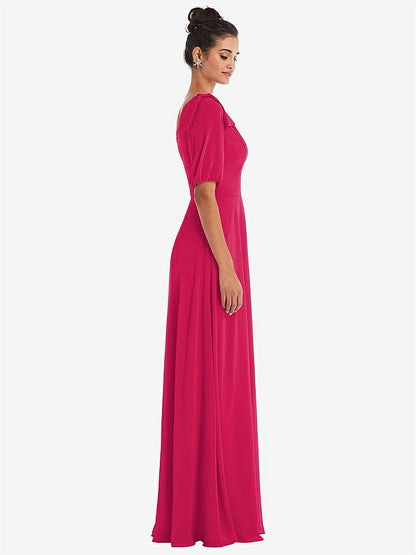 【STYLE: TH048】Bow One-Shoulder Flounce Sleeve Maxi Dress【COLOR: Vivid Pink】