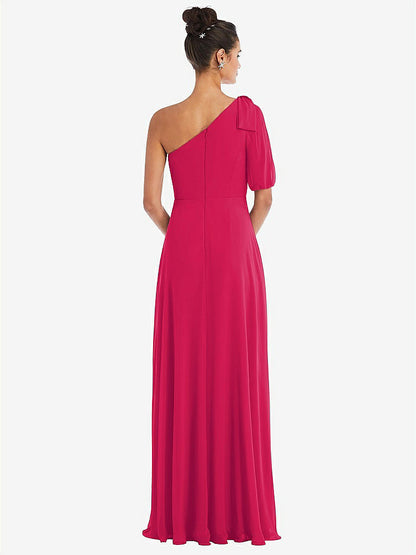 【STYLE: TH048】Bow One-Shoulder Flounce Sleeve Maxi Dress【COLOR: Vivid Pink】