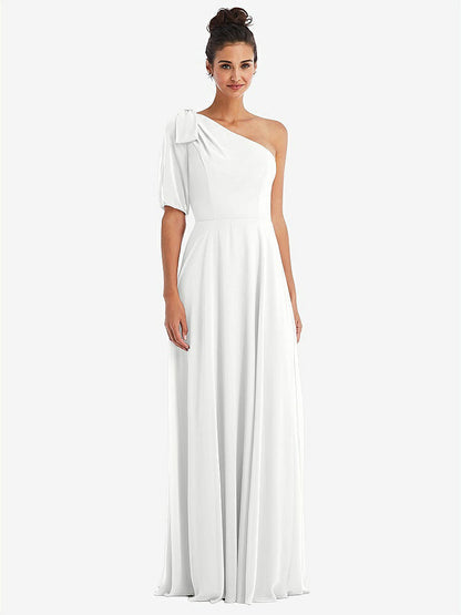 【STYLE: TH048】Bow One-Shoulder Flounce Sleeve Maxi Dress【COLOR: White】