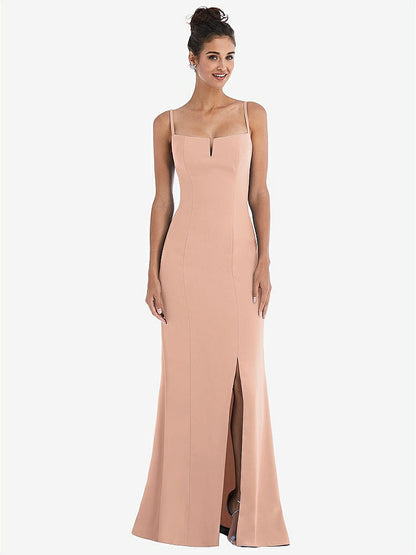 【NEW】【STYLE: TH049】ノッチ クレープ トランペット ガウン 前面 スリット【COLOR: Pale Peach】【SIZE: 00-30W】