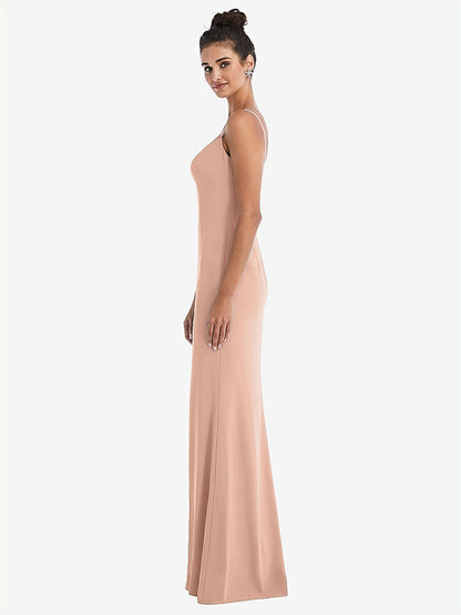 【NEW】【STYLE: TH049】ノッチ クレープ トランペット ガウン 前面 スリット【COLOR: Pale Peach】【SIZE: 00-30W】