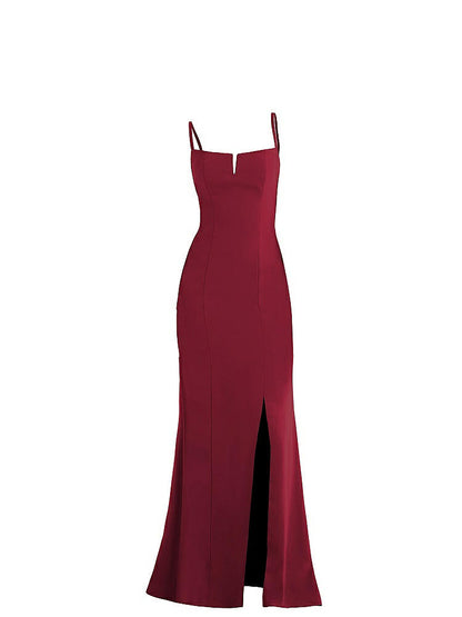 【NEW】【STYLE: TH049】ノッチ クレープ トランペット ガウン 前面 スリット【COLOR: Burgundy】【SIZE: 00-30W】