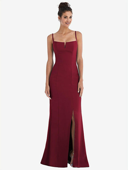 【NEW】【STYLE: TH049】ノッチ クレープ トランペット ガウン 前面 スリット【COLOR: Burgundy】【SIZE: 00-30W】