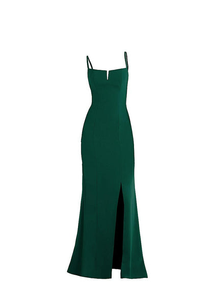 【NEW】【STYLE: TH049】ノッチ クレープ トランペット ガウン 前面 スリット【COLOR: Hunter Green】【SIZE: 00-30W】