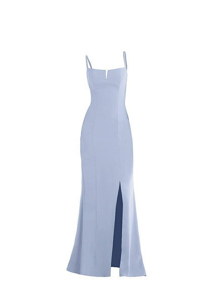 【NEW】【STYLE: TH049】ノッチ クレープ トランペット ガウン 前面 スリット【COLOR: Sky Blue】【SIZE: 00-30W】