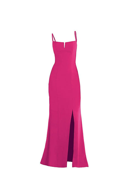 【NEW】【STYLE: TH049】ノッチ クレープ トランペット ガウン 前面 スリット【COLOR: Think Pink】【SIZE: 00-30W】