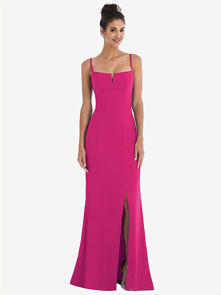 【STYLE: TH049】Notch Crepe Trumpet Gown with Front Slit【COLOR: Think Pink】