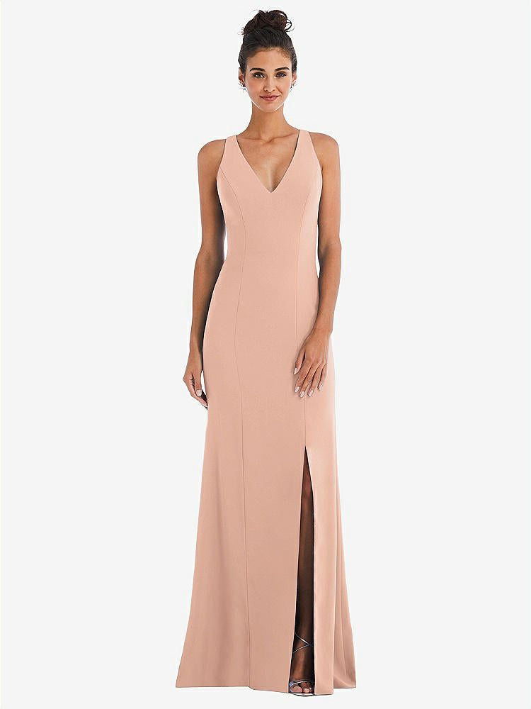 【NEW】【STYLE: TH050】CRISS-CROSS CUTOUT BACK MAXI ドレス 前面 スリット【COLOR: Pale Peach】【SIZE: 00-30W】
