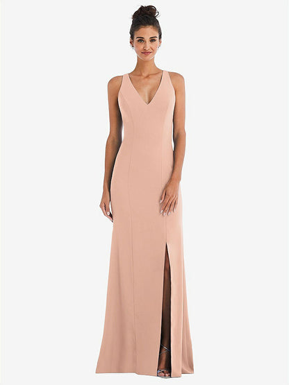【NEW】【STYLE: TH050】CRISS-CROSS CUTOUT BACK MAXI ドレス 前面 スリット【COLOR: Pale Peach】【SIZE: 00-30W】