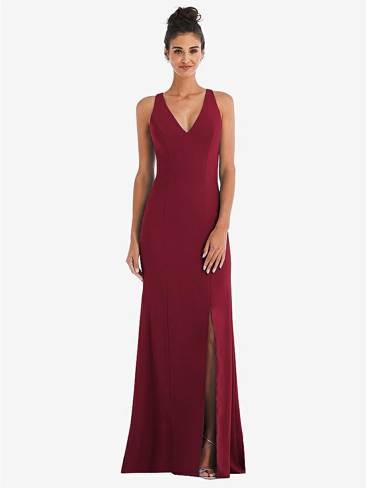 【NEW】【STYLE: TH050】CRISS-CROSS CUTOUT BACK MAXI ドレス 前面 スリット【COLOR: Burgundy】【SIZE: 00-30W】