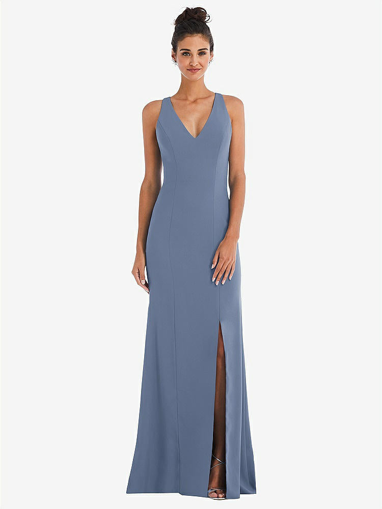 【NEW】【STYLE: TH050】CRISS-CROSS CUTOUT BACK MAXI ドレス 前面 スリット【COLOR: Larkspur Blue】【SIZE: 00-30W】