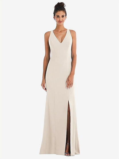 【NEW】【STYLE: TH050】CRISS-CROSS CUTOUT BACK MAXI ドレス 前面 スリット【COLOR: Oat】【SIZE: 00-30W】