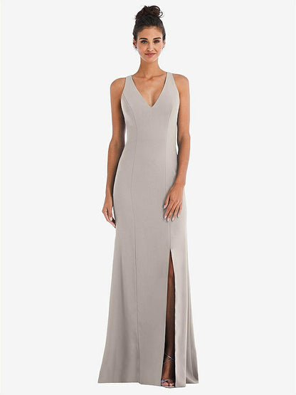 【NEW】【STYLE: TH050】CRISS-CROSS CUTOUT BACK MAXI ドレス 前面 スリット【COLOR: Taupe】【SIZE: 00-30W】