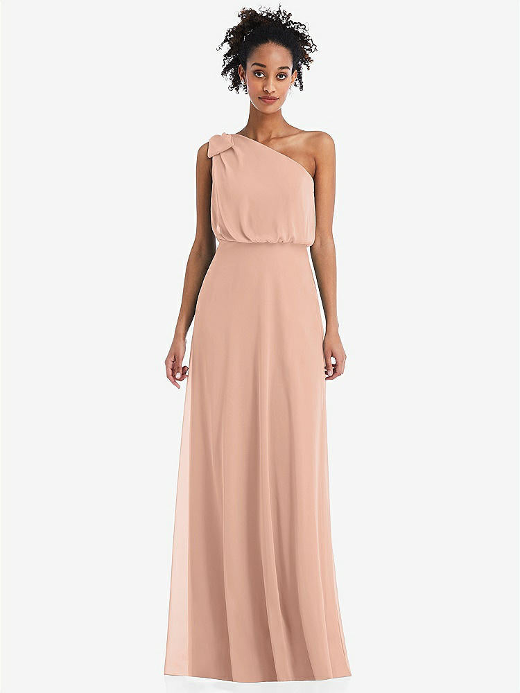 【STYLE: TH052】One-Shoulder Bow Blouson Bodice Maxi Dress【COLOR: Pale Peach】