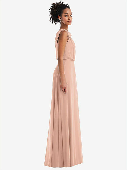 【STYLE: TH052】One-Shoulder Bow Blouson Bodice Maxi Dress【COLOR: Pale Peach】