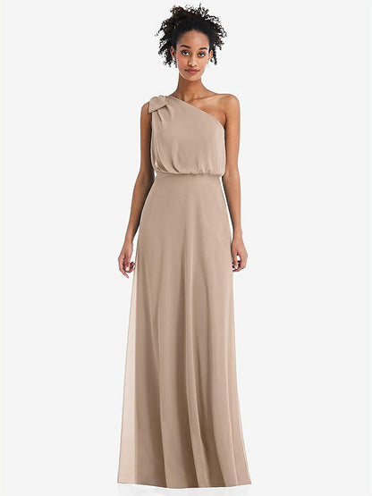 【STYLE: TH052】One-Shoulder Bow Blouson Bodice Maxi Dress【COLOR: Topaz】