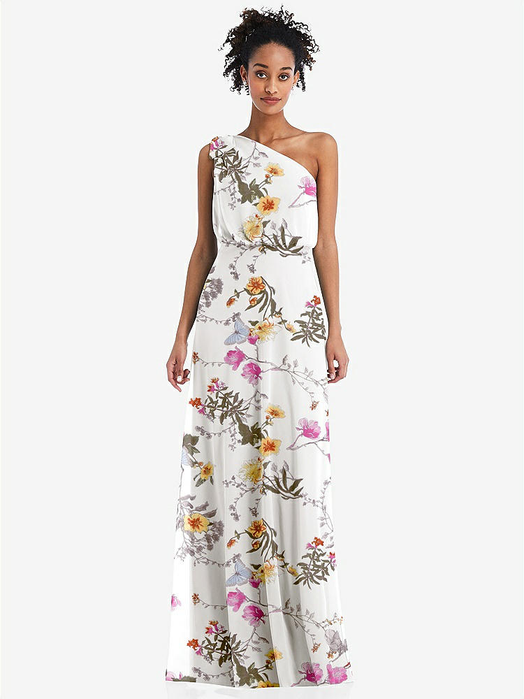 【STYLE: TH052】One-Shoulder Bow Blouson Bodice Maxi Dress【COLOR: Butterfly Botanica Ivory】