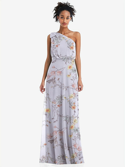 【STYLE: TH052】One-Shoulder Bow Blouson Bodice Maxi Dress【COLOR: Butterfly Botanica Silver Dove】
