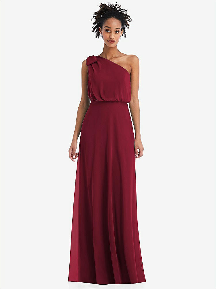 【STYLE: TH052】One-Shoulder Bow Blouson Bodice Maxi Dress【COLOR: Burgundy】