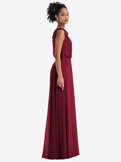 【STYLE: TH052】One-Shoulder Bow Blouson Bodice Maxi Dress【COLOR: Burgundy】