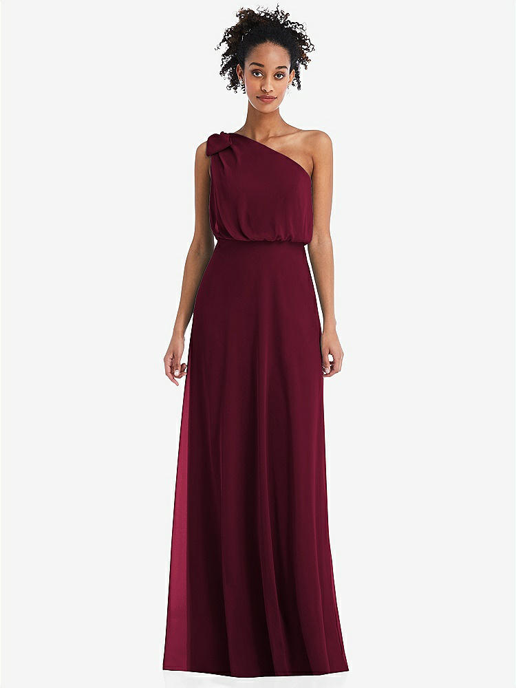 【STYLE: TH052】One-Shoulder Bow Blouson Bodice Maxi Dress【COLOR: Cabernet】