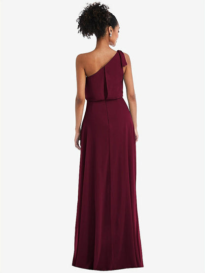 【STYLE: TH052】One-Shoulder Bow Blouson Bodice Maxi Dress【COLOR: Cabernet】