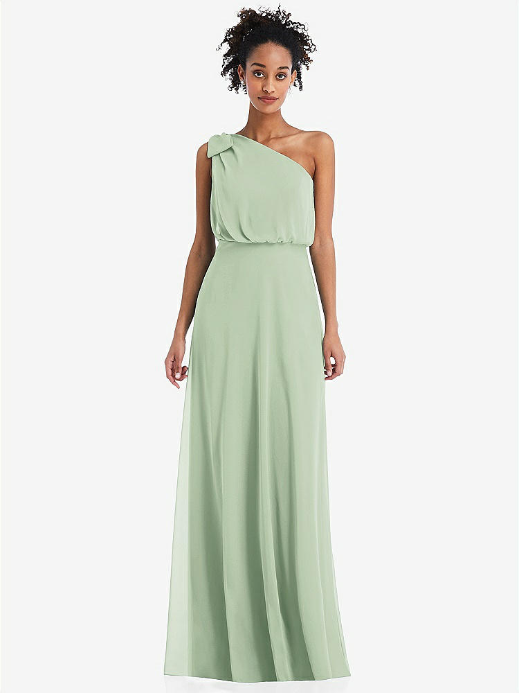 【STYLE: TH052】One-Shoulder Bow Blouson Bodice Maxi Dress【COLOR: Celadon】