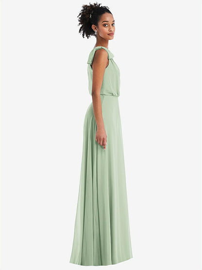 【STYLE: TH052】One-Shoulder Bow Blouson Bodice Maxi Dress【COLOR: Celadon】