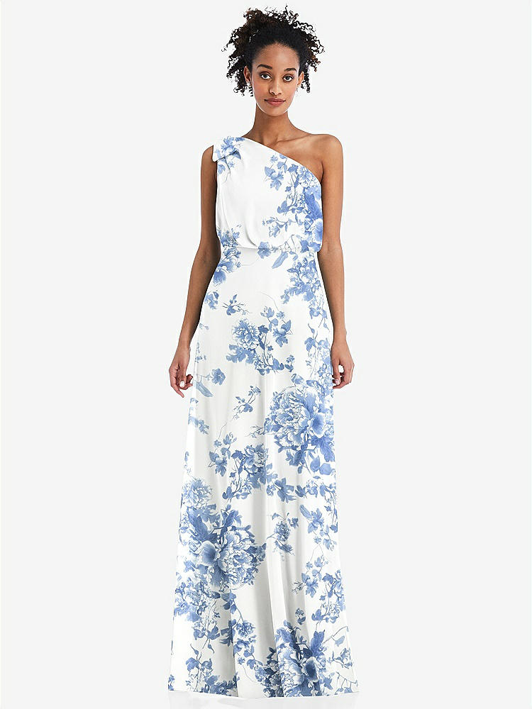 【STYLE: TH052】One-Shoulder Bow Blouson Bodice Maxi Dress【COLOR: Cottage Rose Dusk Blue】