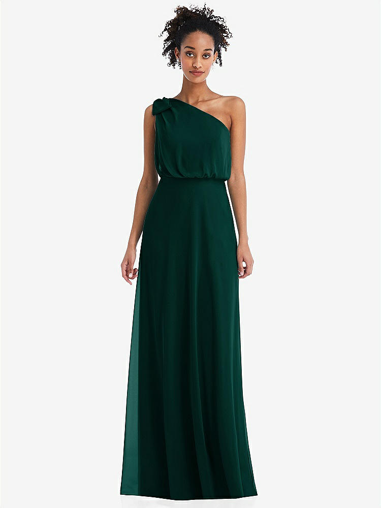 【STYLE: TH052】One-Shoulder Bow Blouson Bodice Maxi Dress【COLOR: Evergreen】