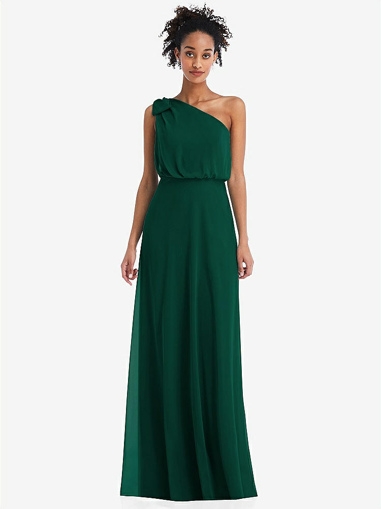 【STYLE: TH052】One-Shoulder Bow Blouson Bodice Maxi Dress【COLOR: Hunter Green】