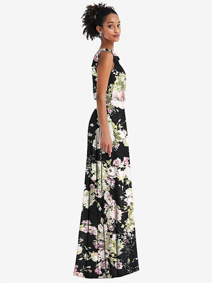 【STYLE: TH052】One-Shoulder Bow Blouson Bodice Maxi Dress【COLOR: Noir Garden】