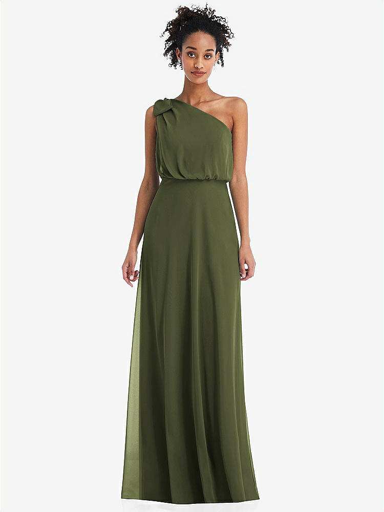 【STYLE: TH052】One-Shoulder Bow Blouson Bodice Maxi Dress【COLOR: Olive Green】