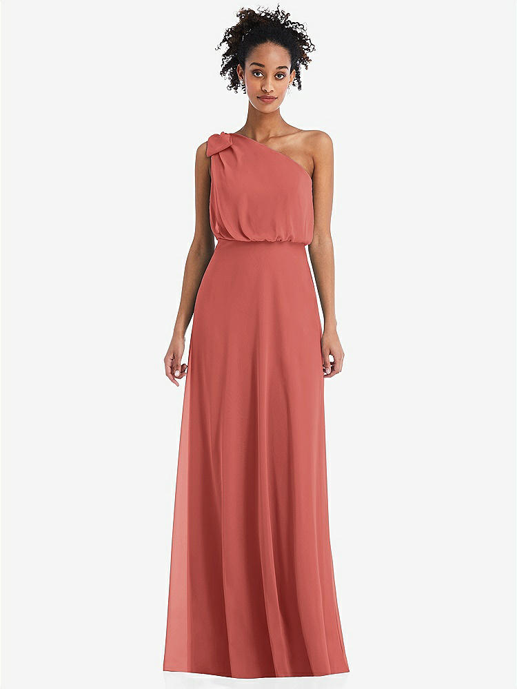 【STYLE: TH052】One-Shoulder Bow Blouson Bodice Maxi Dress【COLOR: Coral Pink】