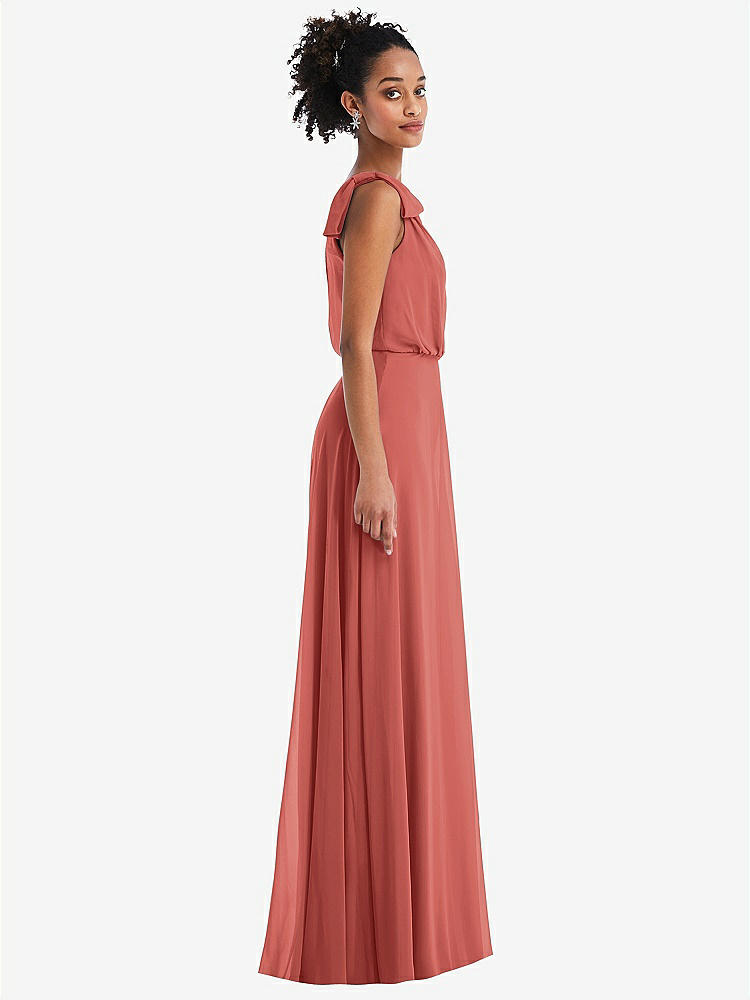 【STYLE: TH052】One-Shoulder Bow Blouson Bodice Maxi Dress【COLOR: Coral Pink】