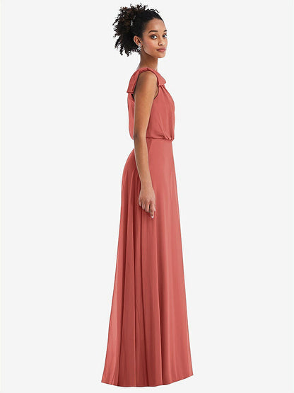 【STYLE: TH052】One-Shoulder Bow Blouson Bodice Maxi Dress【COLOR: Coral Pink】