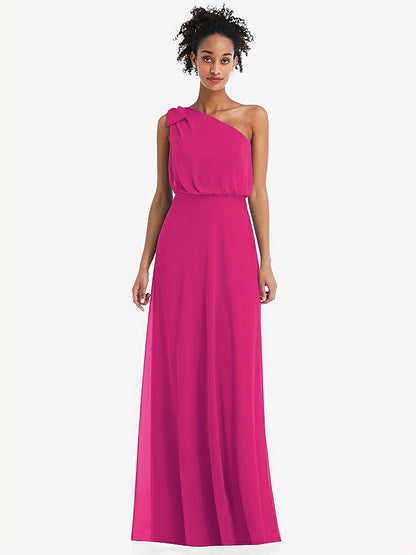 【STYLE: TH052】One-Shoulder Bow Blouson Bodice Maxi Dress【COLOR: Think Pink】