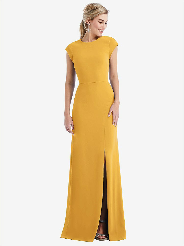 【STYLE: TH051】Cap Sleeve Open-Back Trumpet Gown with Front Slit【COLOR: NYC Yellow】
