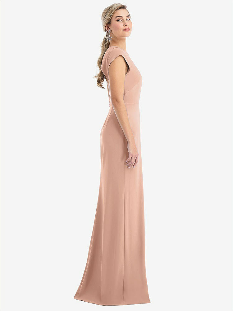 【STYLE: TH051】Cap Sleeve Open-Back Trumpet Gown with Front Slit【COLOR: Pale Peach】