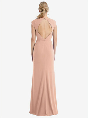 【STYLE: TH051】Cap Sleeve Open-Back Trumpet Gown with Front Slit【COLOR: Pale Peach】